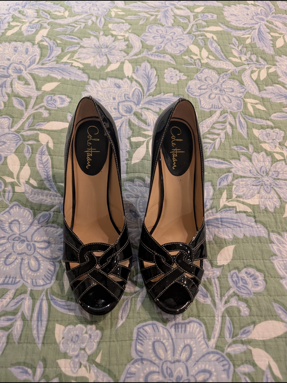 Cole Haan Black Patent Leather Peep-Toe Heels with Woven Detail - 9B